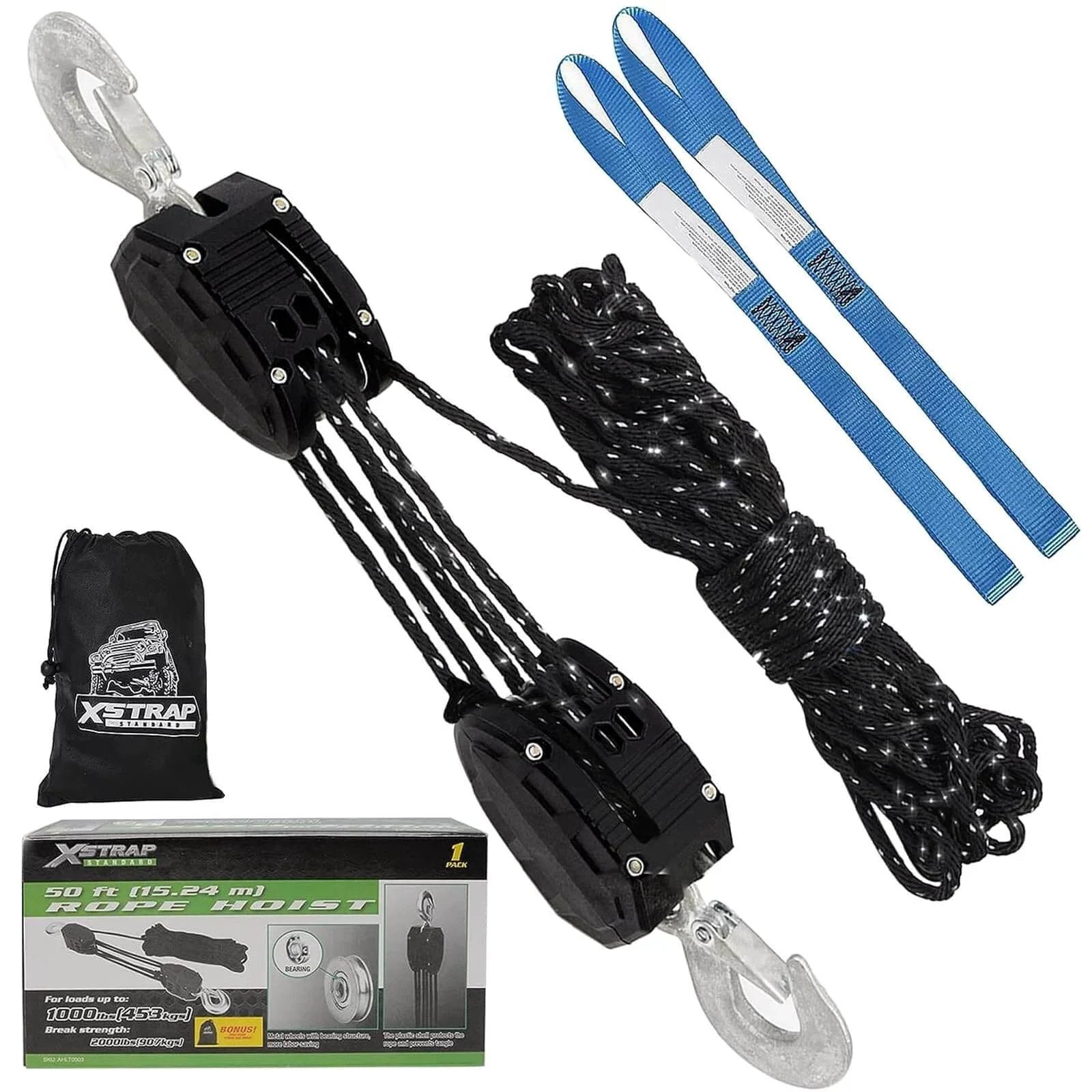 Reflective Rope Hoist 50 Ft 4.5mm Rope 5:1 Block And Tackle System 2000 Lbs Breaking Strength Zinc Plated Steel Wheel, kit components