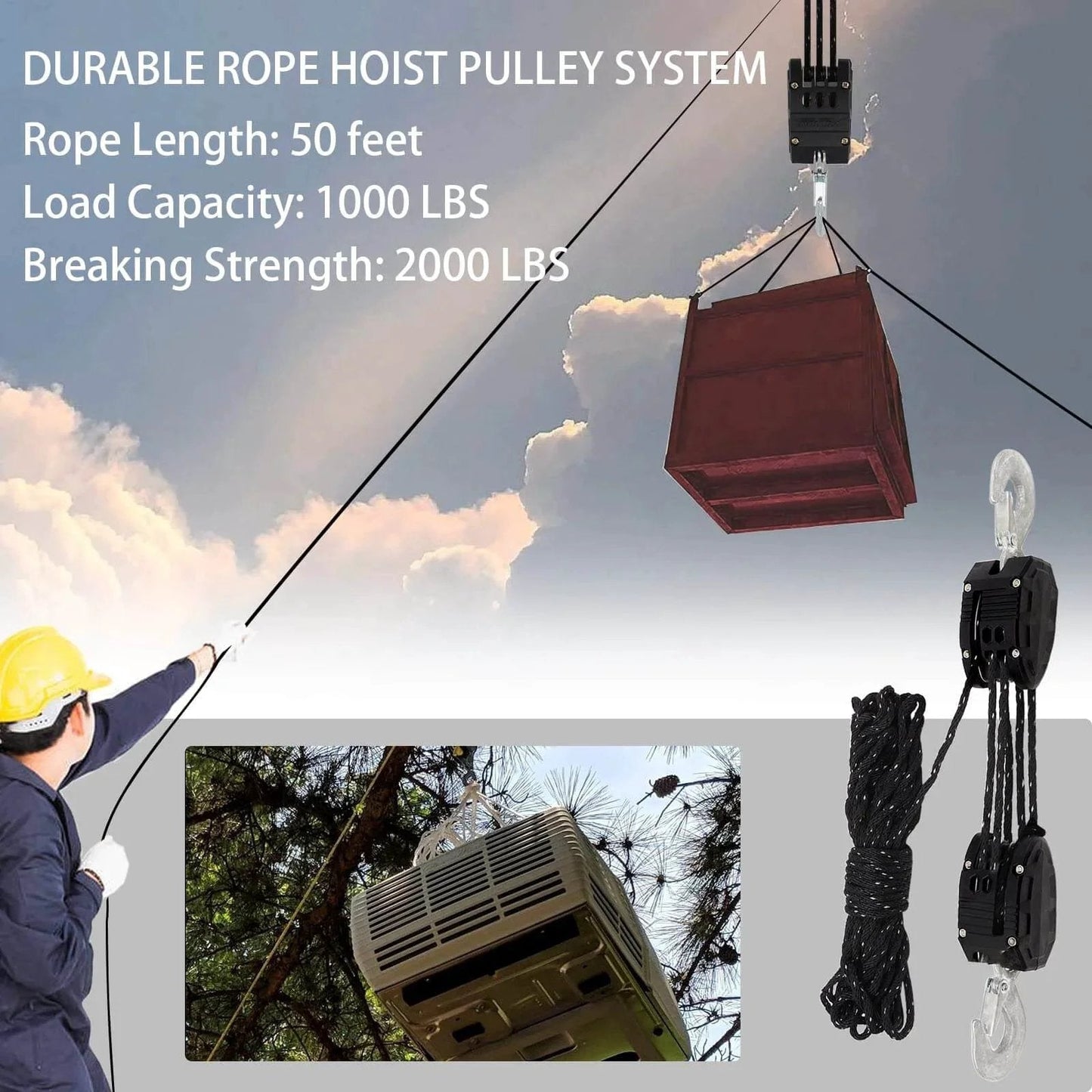 Reflective Rope Hoist 50 Ft 4.5mm Rope 5:1 Block And Tackle System lifting a box against sky background