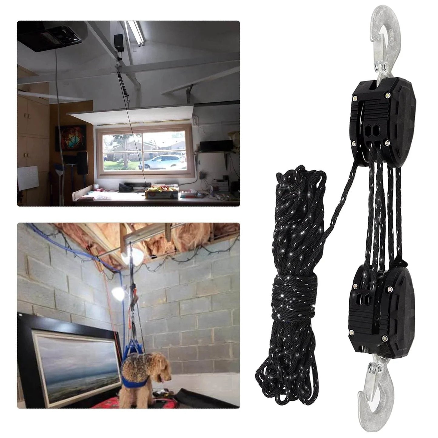 Reflective Rope Hoist 50 Ft 4.5mm Rope 5:1 Block And Tackle System 2000 Lbs Breaking Strength Zinc Plated Steel Wheel in use