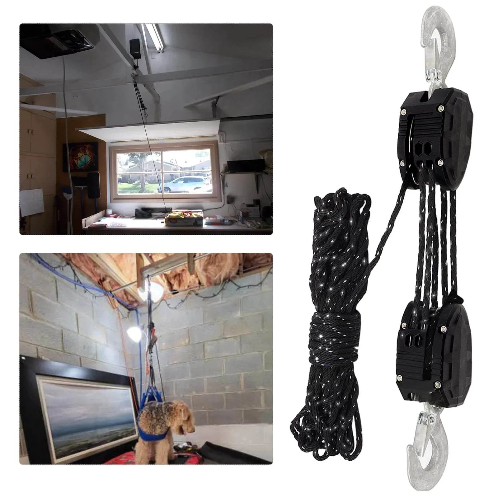 Reflective Rope Hoist 50 Ft 4.5mm Rope 5:1 Block And Tackle System 2000 Lbs Breaking Strength Zinc Plated Steel Wheel in use
