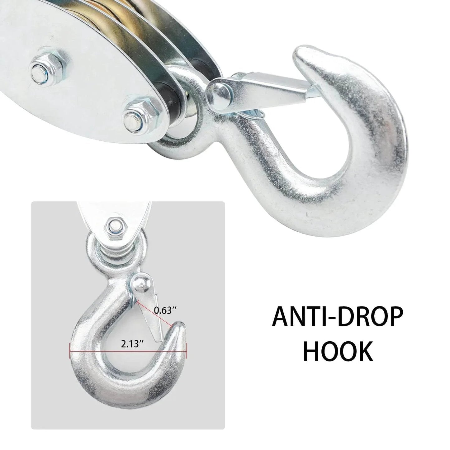 Close-up of zinc-plated anti-drop hook on Reflective Rope Hoist 50 Ft 4.5mm Rope 5:1 Block And Tackle System 2000 Lbs Breaking Strength