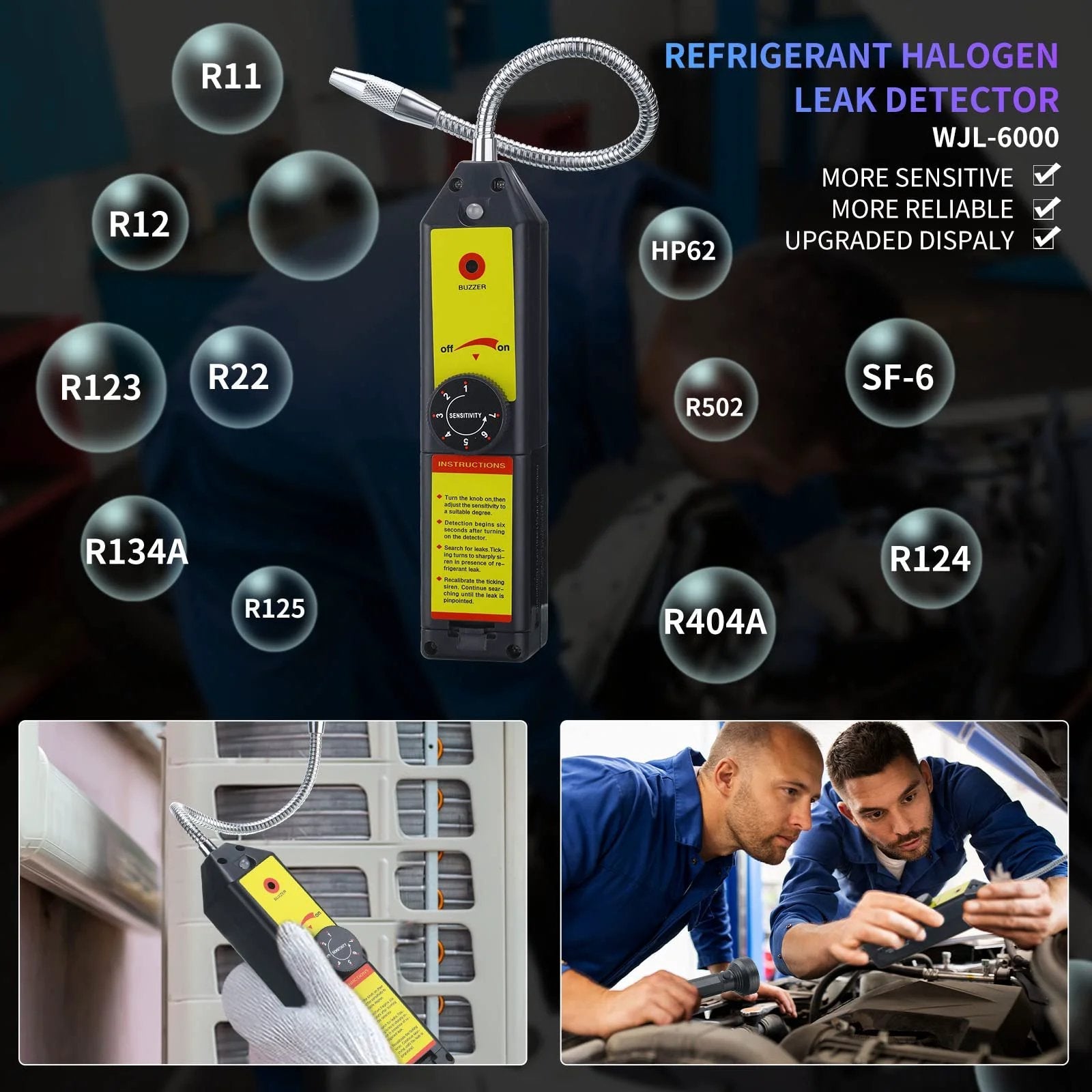 Refrigerant Leak Detector Kit With LED Light For Auto And Home ACs, Halogen Gas Leakage Tester, 68 Flashlight Included, UV Protective Glasses, Battery Not Included, All In One Tool For Quick, Accurate Leak Detection, showing tools in use.