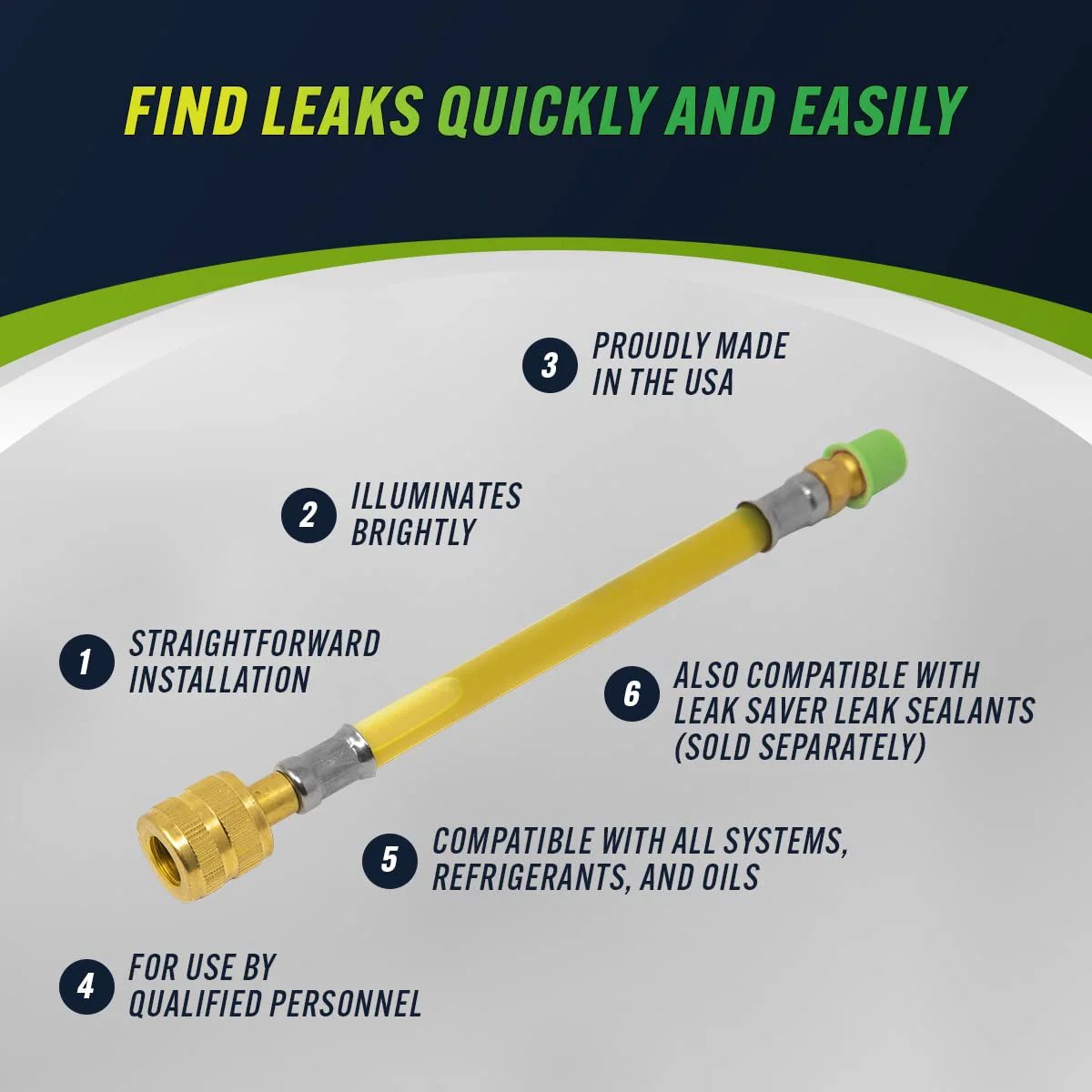 Ultra Bright UV Dye Inject Kit for Refrigerant Leak Detection in Automotive, Home, Commercial, Marine HVAC and Refrigeration Systems with Mess Free Injection, showcasing the yellow injector hose and connectors.