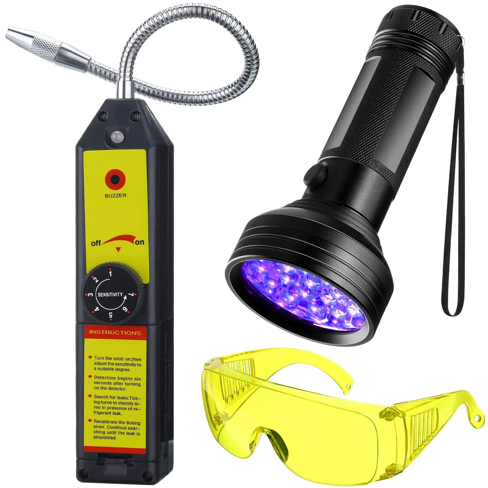 Refrigerant Leak Detector Kit With LED Light For Auto And Home ACs, Halogen Gas Leakage Tester, 68 Flashlight Included, UV Protective Glasses, Battery Not Included, All In One Tool For Quick, Accurate Leak Detection.
