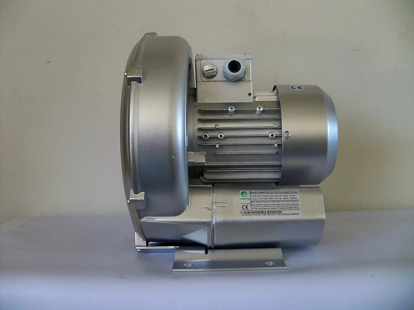 Side view of High Power Regenerative Blower 1.1 HP 220 To 480V Three Phase 103 CFM Airflow 52 InH2O 64 dB Compact Design for industrial use.