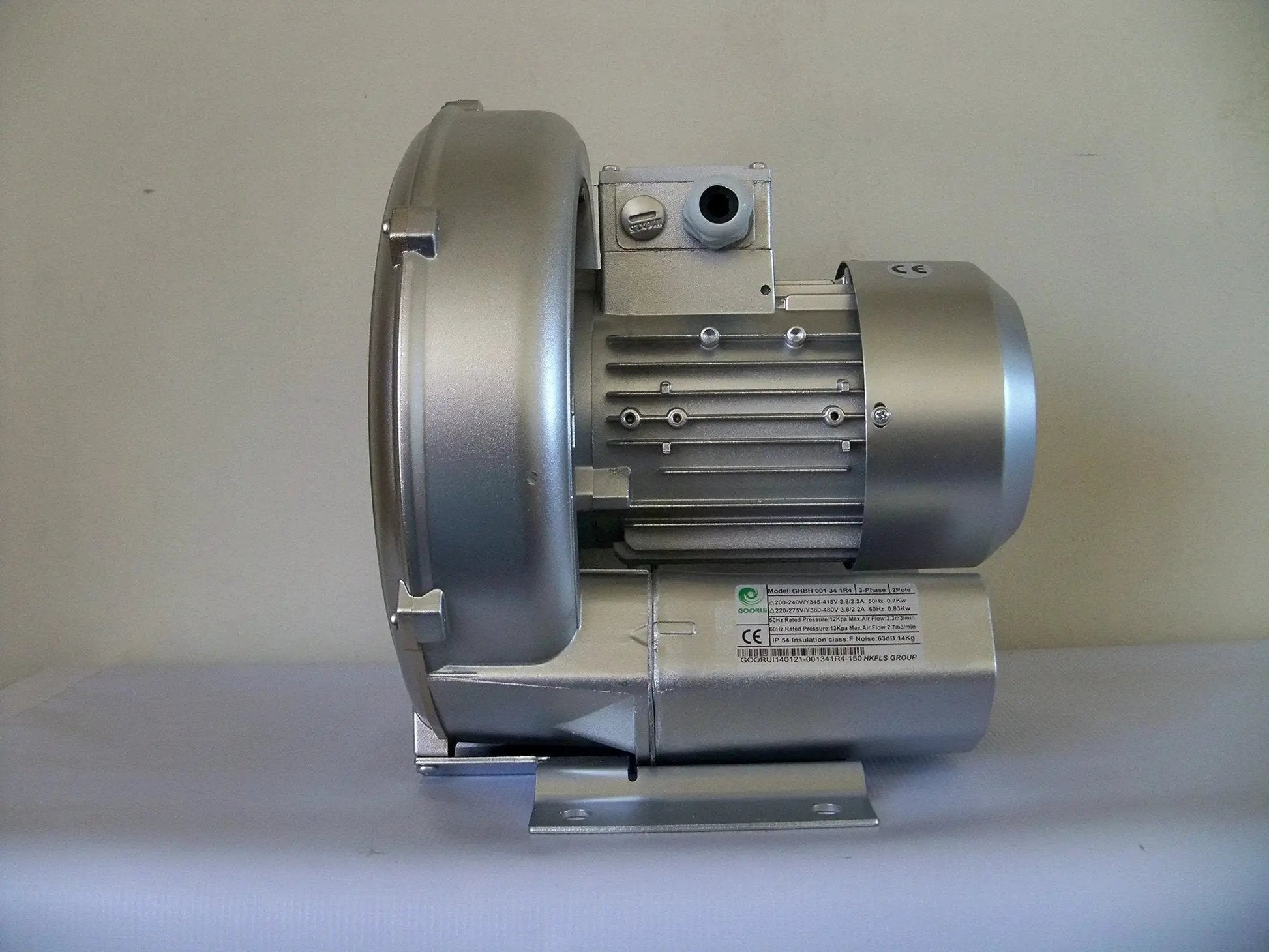 Side view of High Power Regenerative Blower 1.1 HP 220 To 480V Three Phase 103 CFM Airflow 52 InH2O 64 dB Compact Design for industrial use.