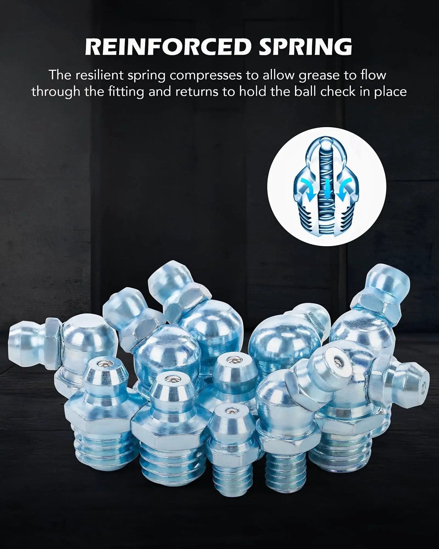 All In One 230 Piece SAE And Metric Grease Fittings Kit with galvanized steel zerks, featuring reinforced spring design