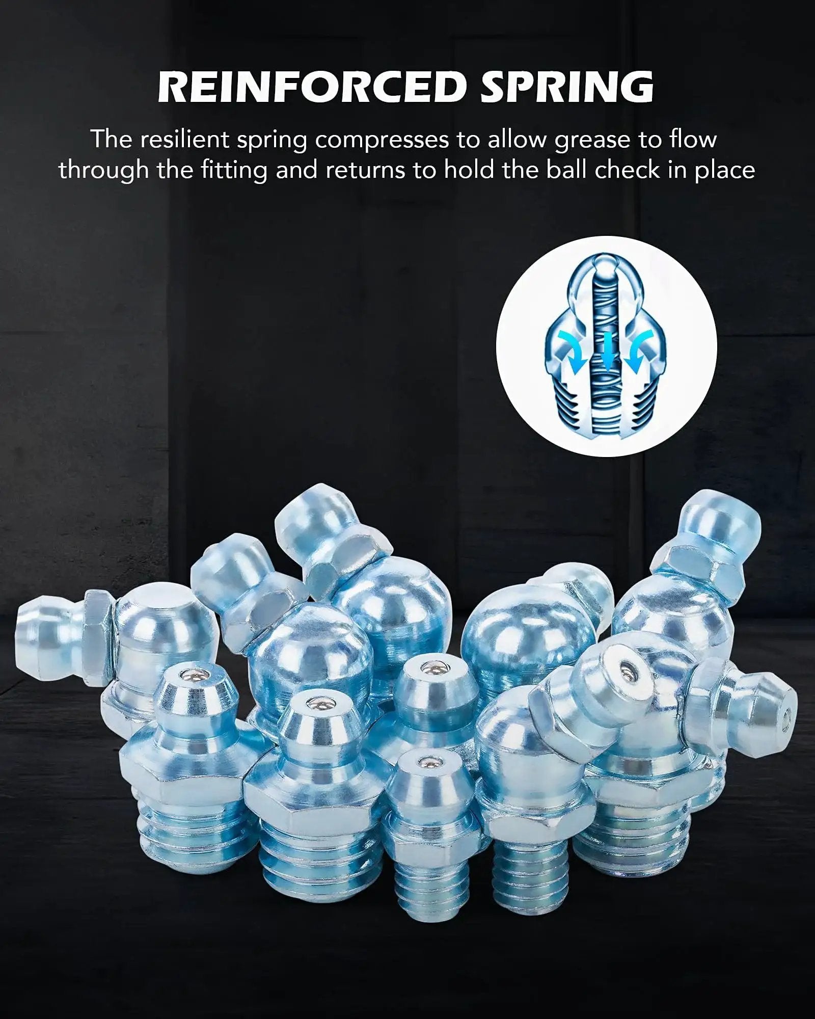All In One 230 Piece SAE And Metric Grease Fittings Kit with galvanized steel zerks, featuring reinforced spring design