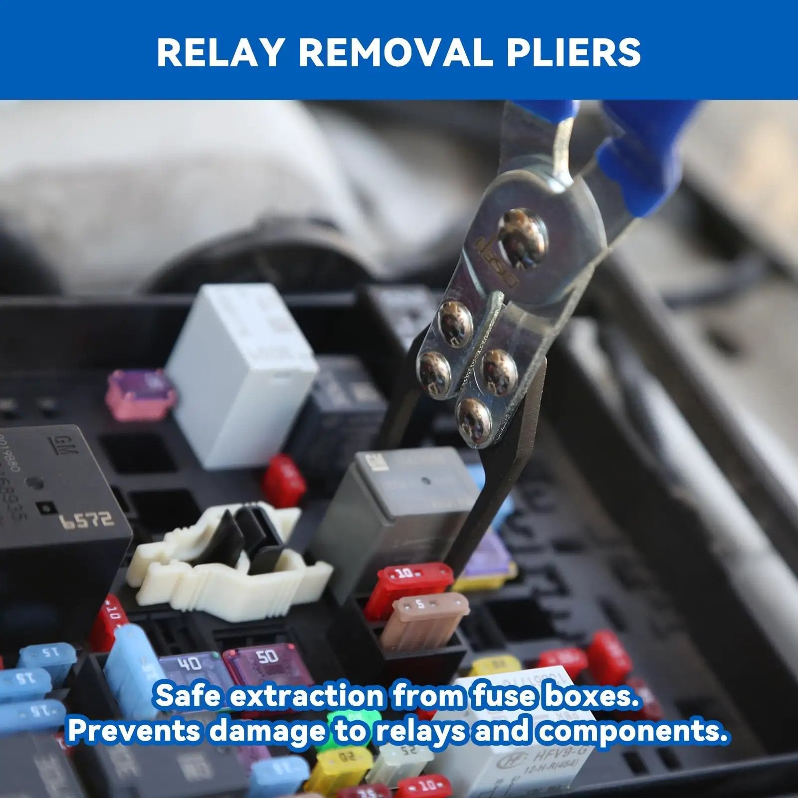 Relay removal pliers extracting fuse box component from 13-Piece Automotive Electrical Disconnect Pliers and Fuel Line Tool Set.