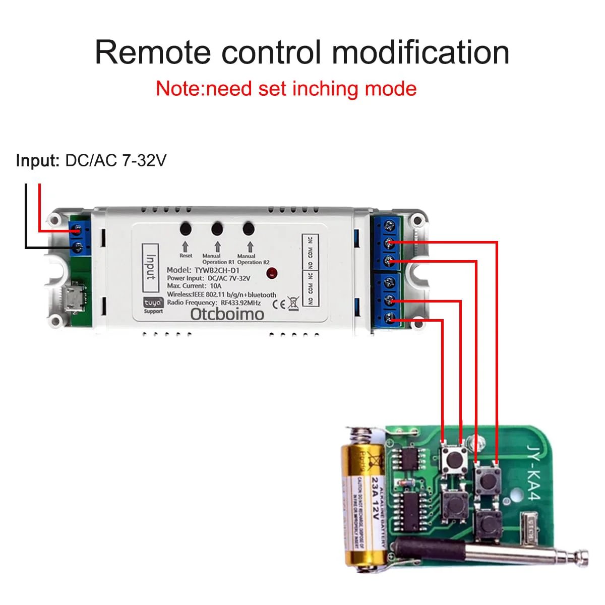 2 Channel WiFi Bluetooth Smart Relay Switch For DC12V 24V Actuators And Devices Tuya Smart Compatible dry-contact remote control wiring diagram.