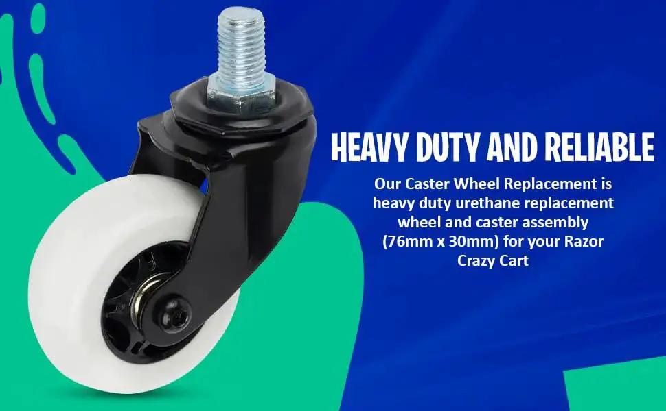 Premium Replacement Caster Wheel 76mm By 30mm For Razor Crazy Cart CC XL And DLX, heavy-duty urethane wheel with bolt, side view