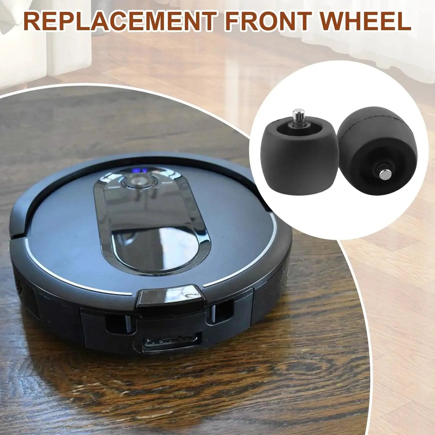 Replacement Front Caster Wheel 2 Pack For Robot Vacuum Models R101AE RV1001AE UR1100SRUS AV1002AE AV1010AE RV100AE, shown on vacuum