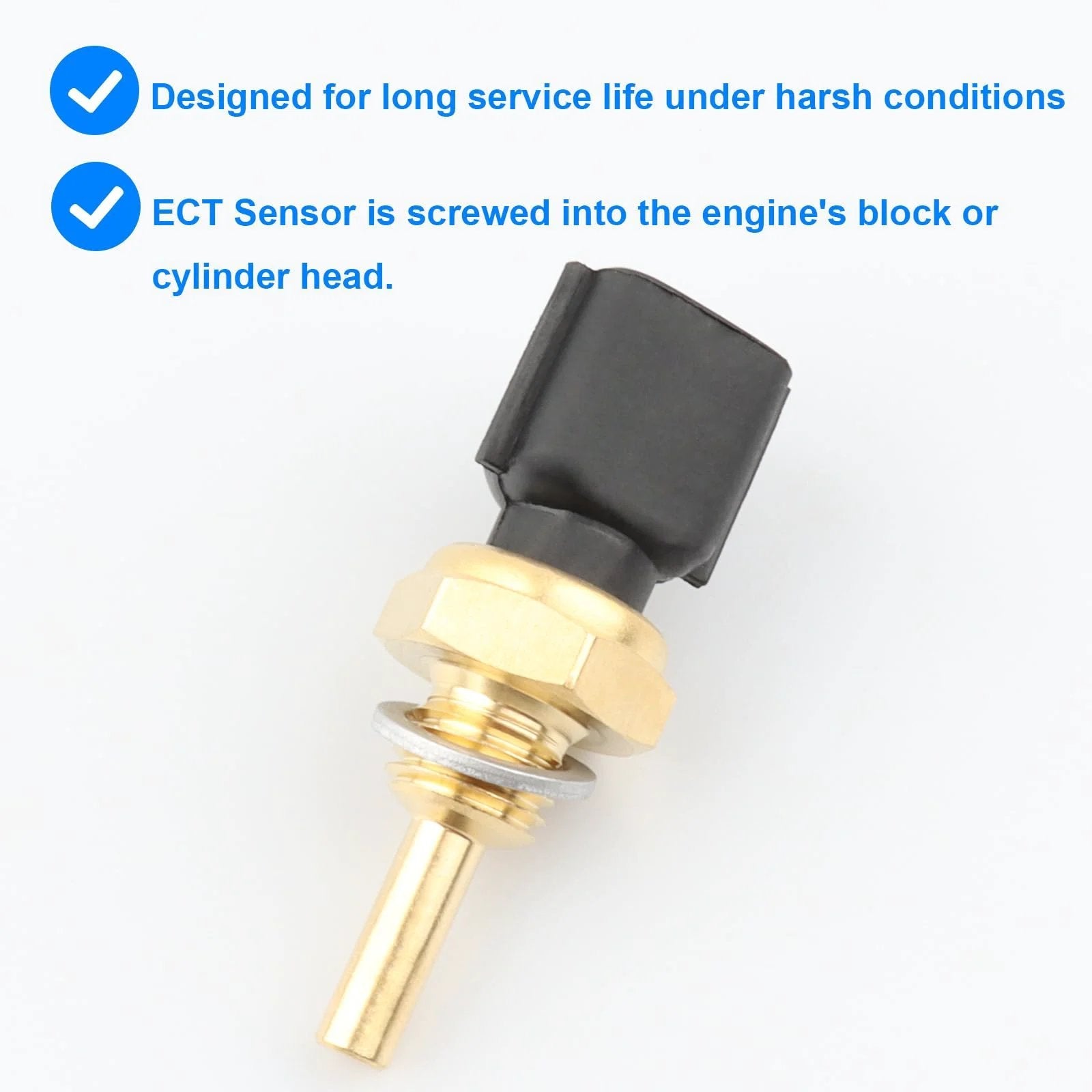 Replacement Coolant Temperature Sensor 158-0606 For Nissan And Infiniti Vehicles ECT Sensor front view, brass body and electrical connector.