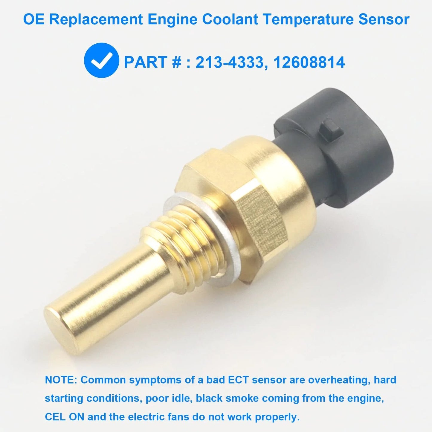 Replacement Engine Coolant Temperature Sensor ECT 213-4333 12608814 Fits Buick Cadillac Chevy GMC close-up view, brass and plastic material.