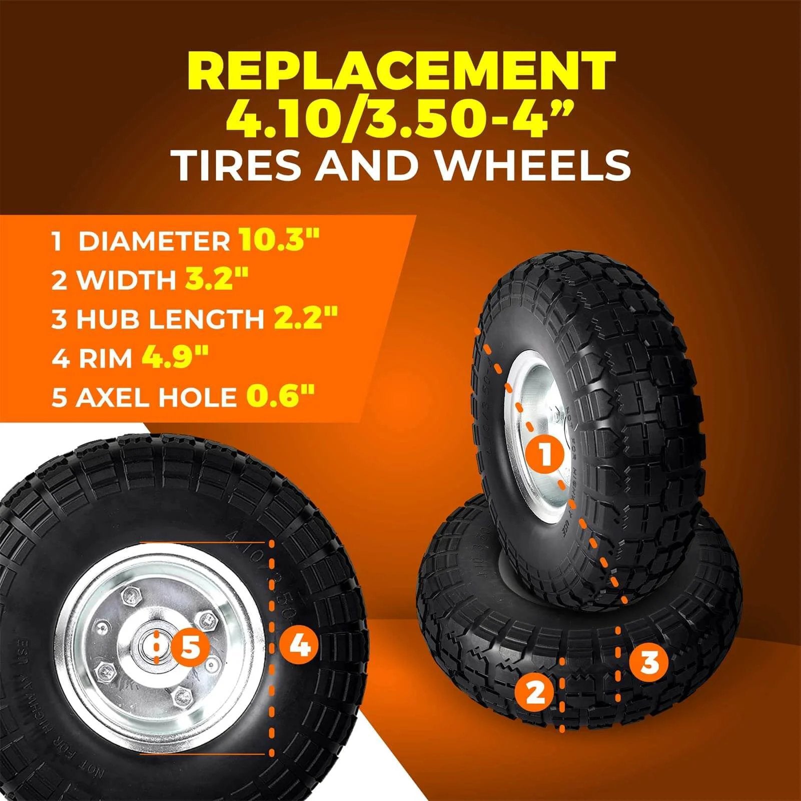 2 Pack 10 Inch Solid Rubber Tire Wheels, 4.10/3.50-4 Flat Free Replacement Tires with 5/8 Inch Bearings, highlighting measurements