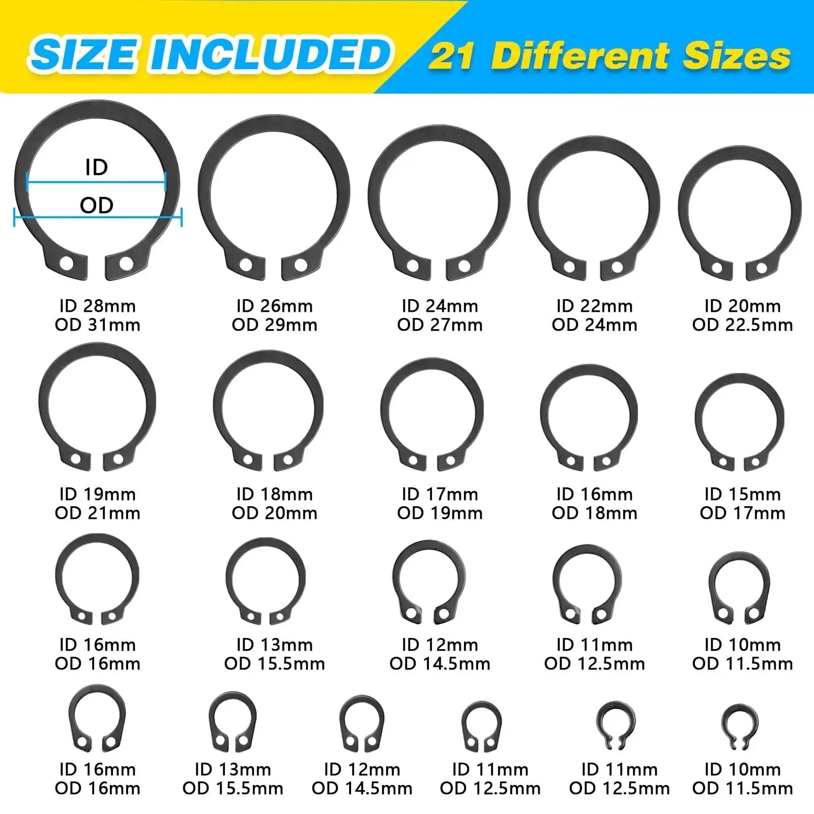 Image showing different sizes of C clip and E clip retaining rings from the All In One C Clip And E Clip Retaining Ring Kit With 800 Pieces.