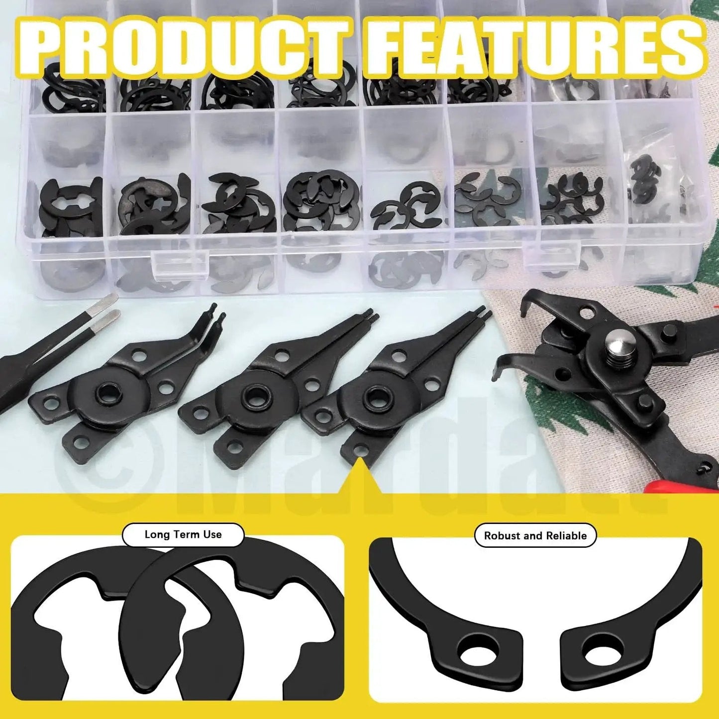 All In One Retaining Rings Kit With 312 Pieces 21 C Clip Sizes 4Mm To 28Mm And 10 E Clip Sizes 1.5Mm To 10Mm Plus 4 In 1 Snap Ring Pliers And Tweezer By Mardatt featuring organized clips in box