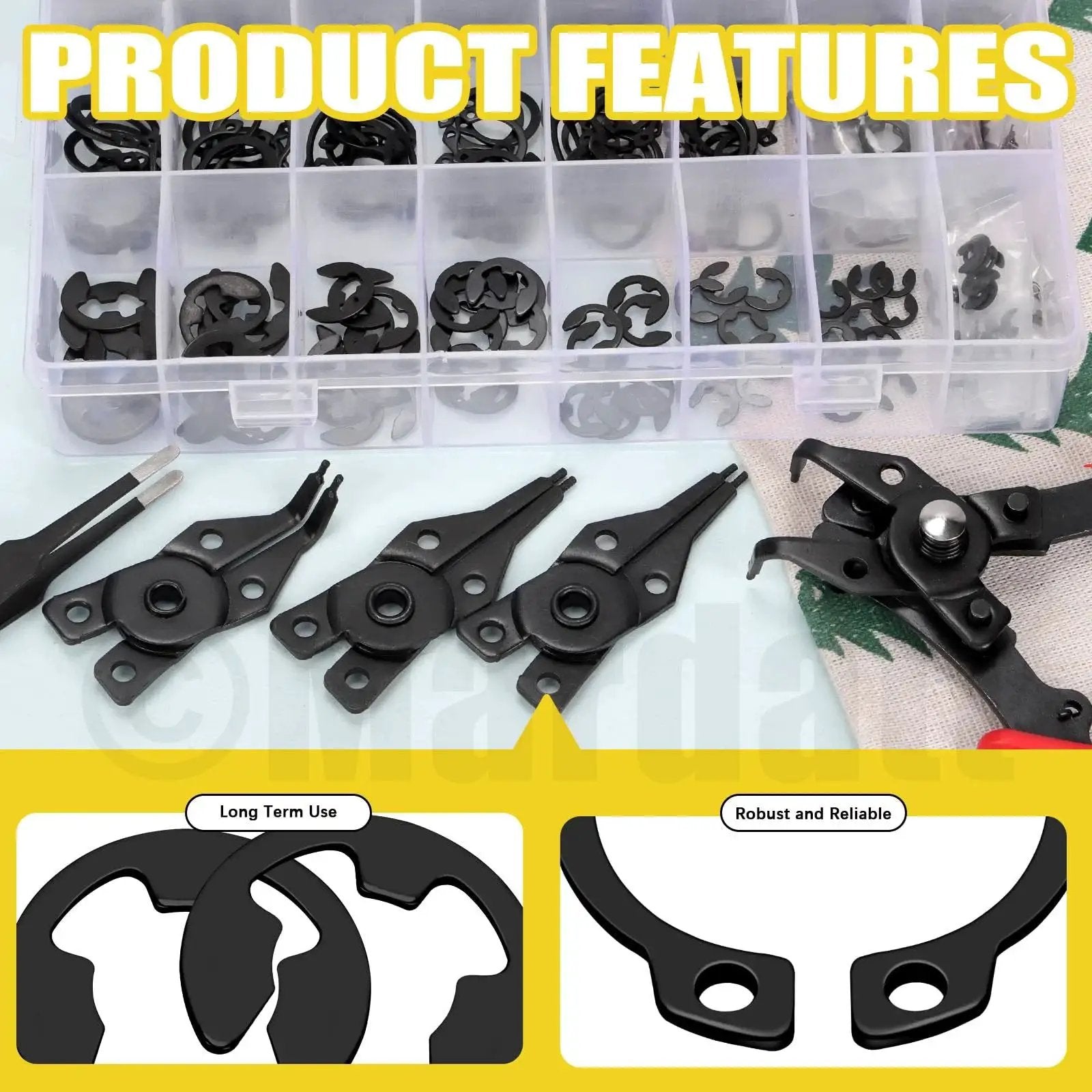 All In One Retaining Rings Kit With 312 Pieces 21 C Clip Sizes 4Mm To 28Mm And 10 E Clip Sizes 1.5Mm To 10Mm Plus 4 In 1 Snap Ring Pliers And Tweezer By Mardatt featuring organized clips in box