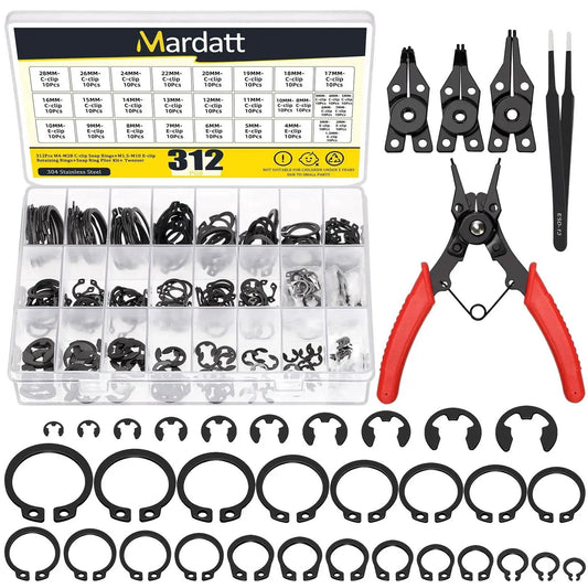 All In One Retaining Rings Kit With 312 Pieces 21 C Clip Sizes 4Mm To 28Mm And 10 E Clip Sizes 1.5Mm To 10Mm Plus 4 In 1 Snap Ring Pliers And Tweezer
