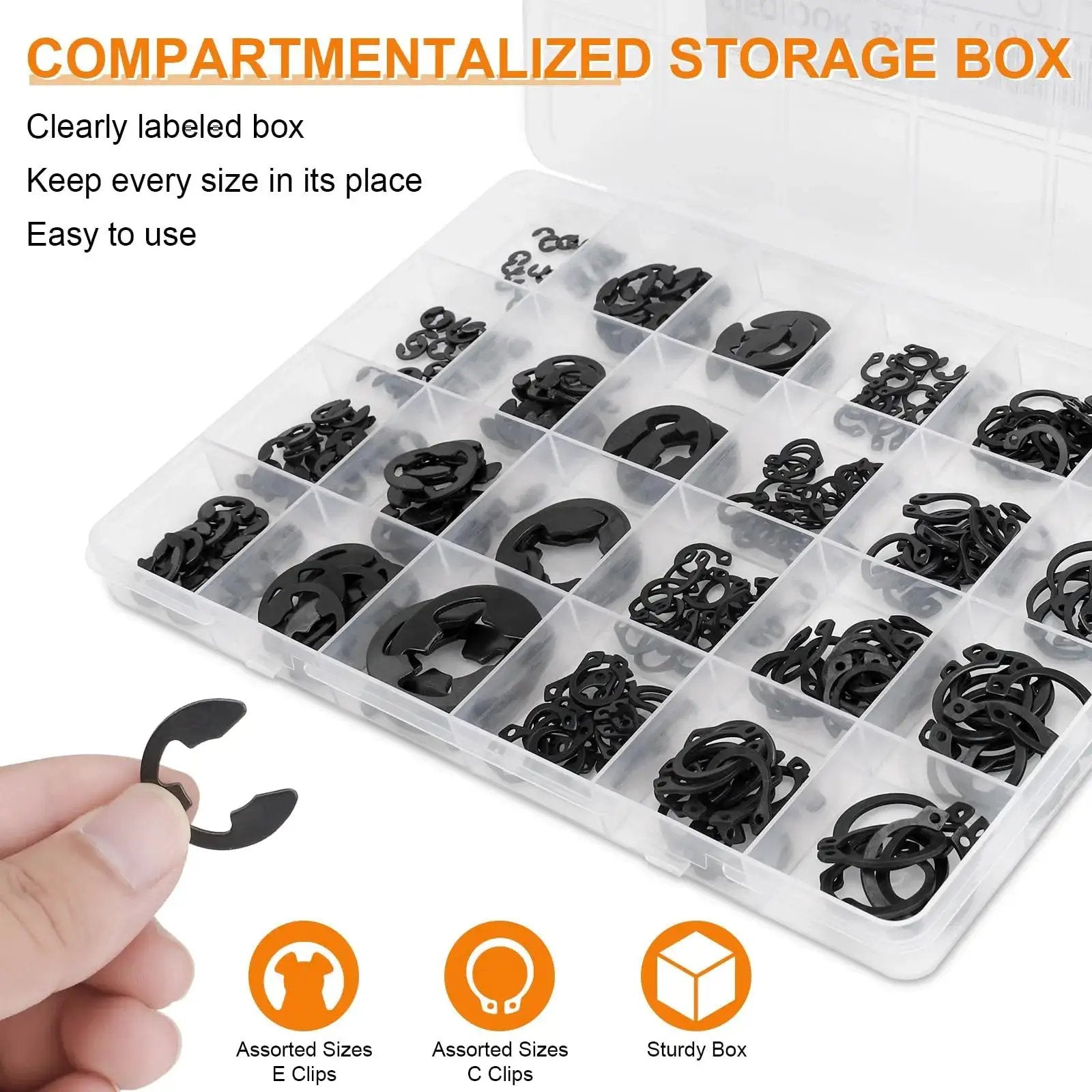 352 Piece Retaining Ring Assortment Kit with E Clips and External C Clips in storage box, 24 sizes, black carbon steel snap rings.