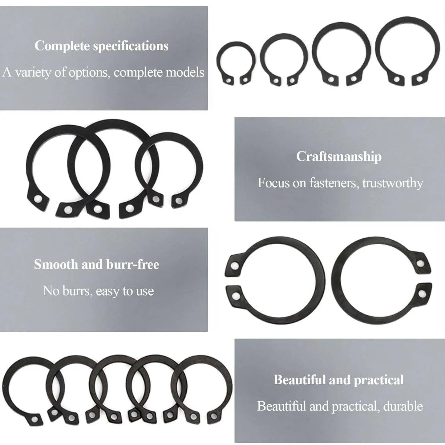 External Large Retaining Ring Set 50 Pcs Beefy 65Mn Steel Snap Rings 26 27 28 29 30 Mm Black Plated For Automobiles Electrical Bearings Heavy Duty Circlips Pro Grade Hardware Must Have shown in various sizes and descriptions on durability and smooth finish.