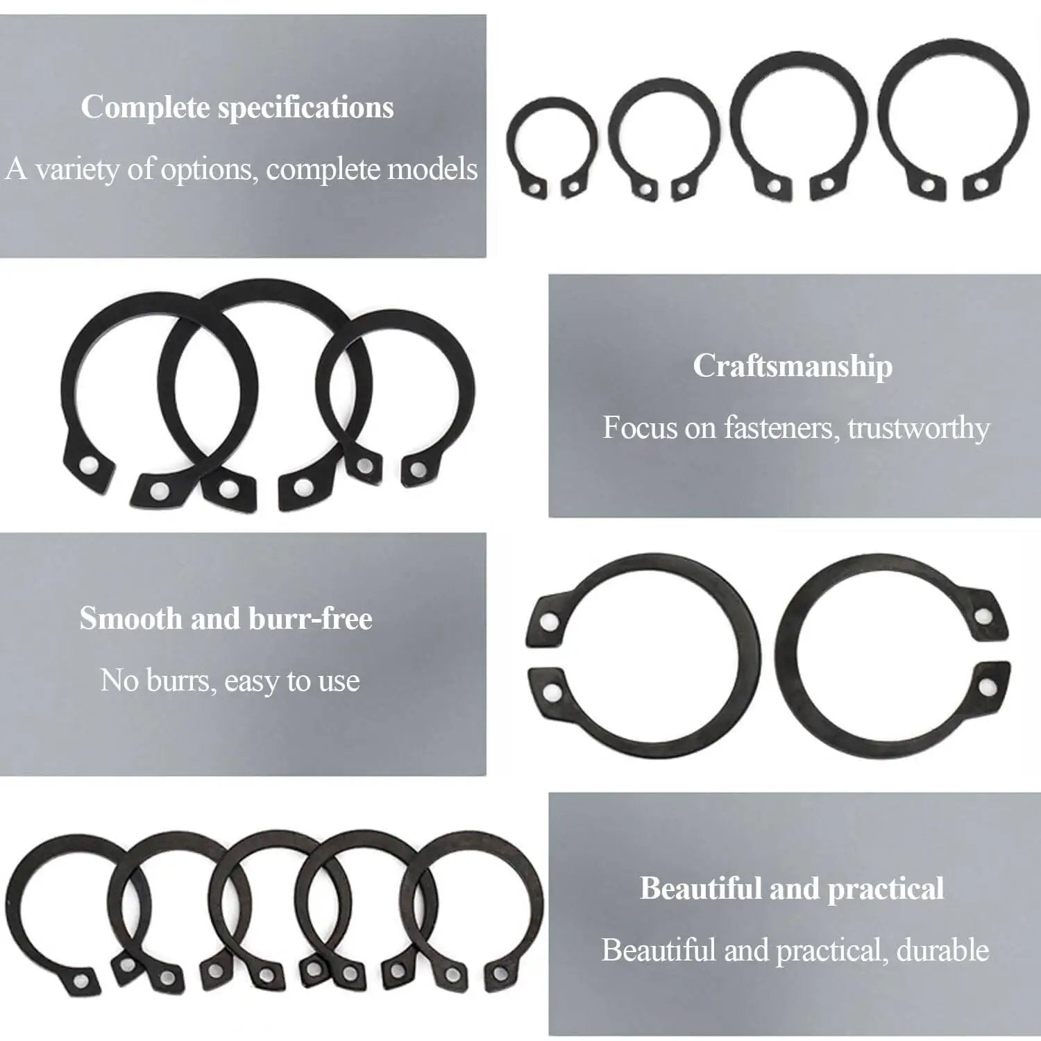 External Large Retaining Ring Set 50 Pcs Beefy 65Mn Steel Snap Rings 26 27 28 29 30 Mm Black Plated For Automobiles Electrical Bearings Heavy Duty Circlips Pro Grade Hardware Must Have shown in various sizes and descriptions on durability and smooth finish.