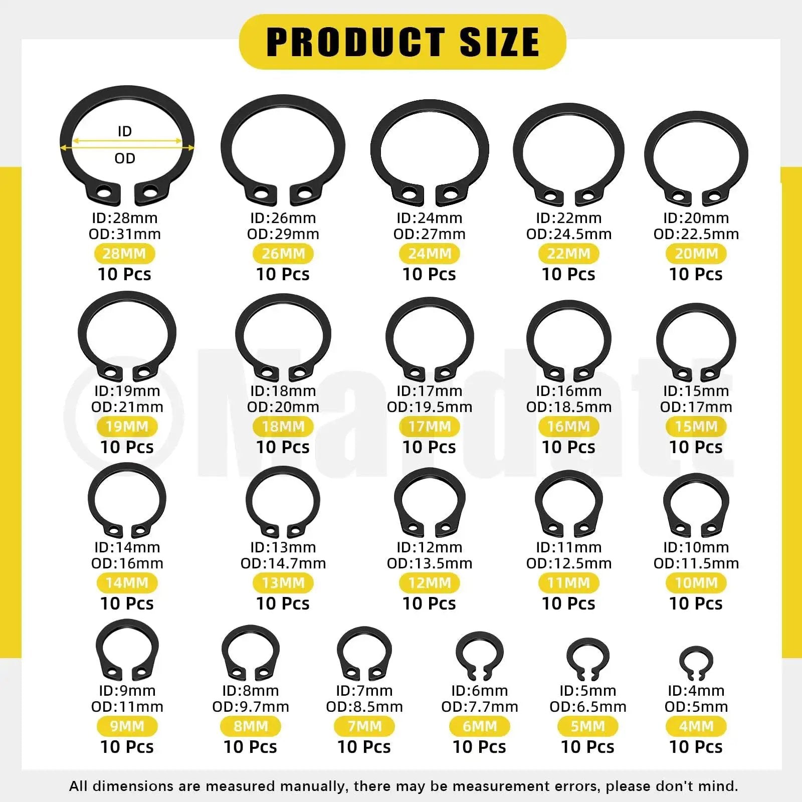 Product size chart of All In One Retaining Rings Kit With 312 Pieces 21 C Clip Sizes 4Mm To 28Mm
