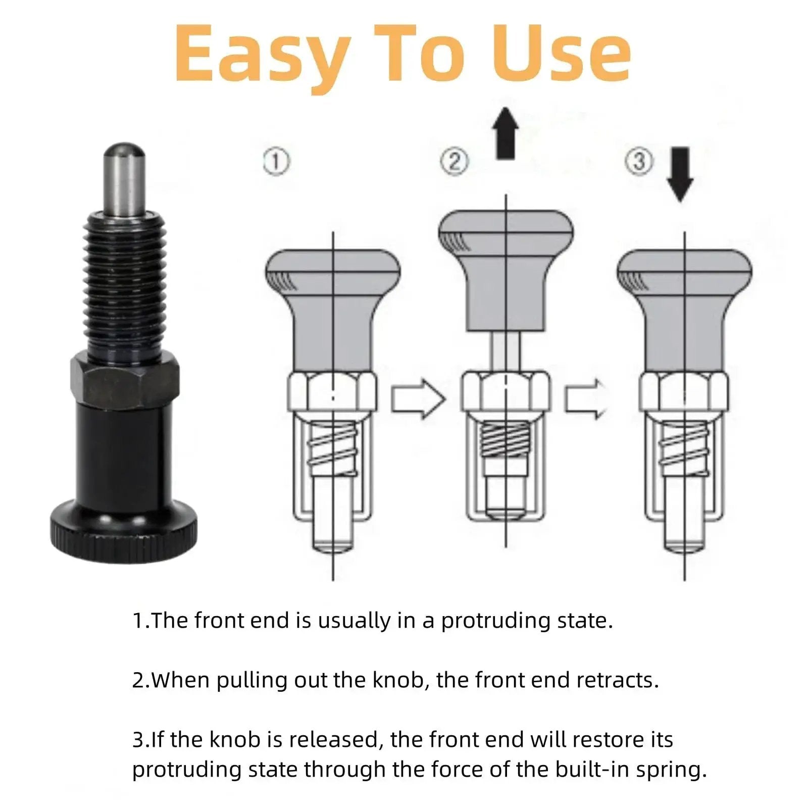 Two Pack Retractable Spring Plunger Ball Loaded Pin M6 Non Locking Indexing Knob Pin For Molds Machinery Cabinets Automotive And Industrial Equipment Stainless Steel Rust Resistant Durable Easy Pin Pull Design with usage instructions.