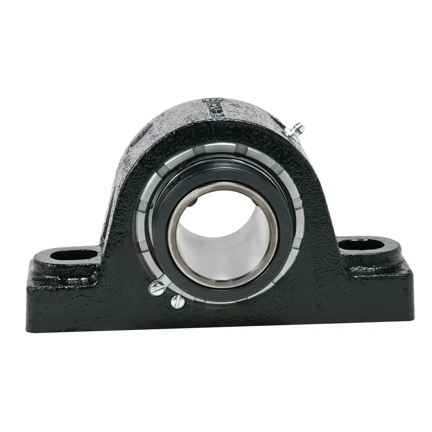 Front view of Rugged Rexnord solid housed pillow block with a spherical roller bearing insert for industrial machinery and conveyors.