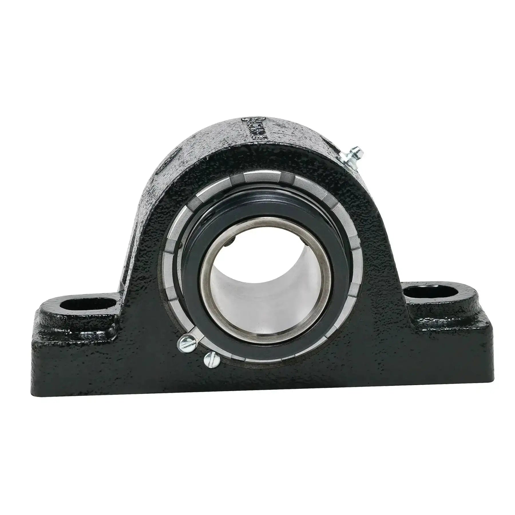 Front view of Rugged Rexnord solid housed pillow block with a spherical roller bearing insert for industrial machinery and conveyors.