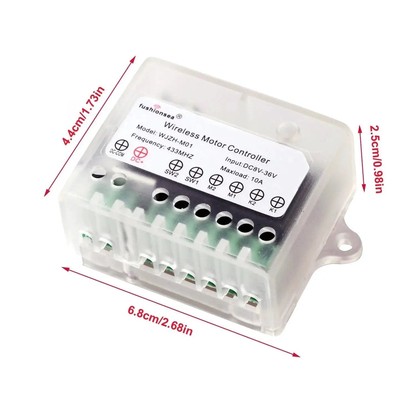 Wireless RF Remote Control Switch for DC Motors 12V 24V 36V Latched model, compact module with clear casing and labeled terminals