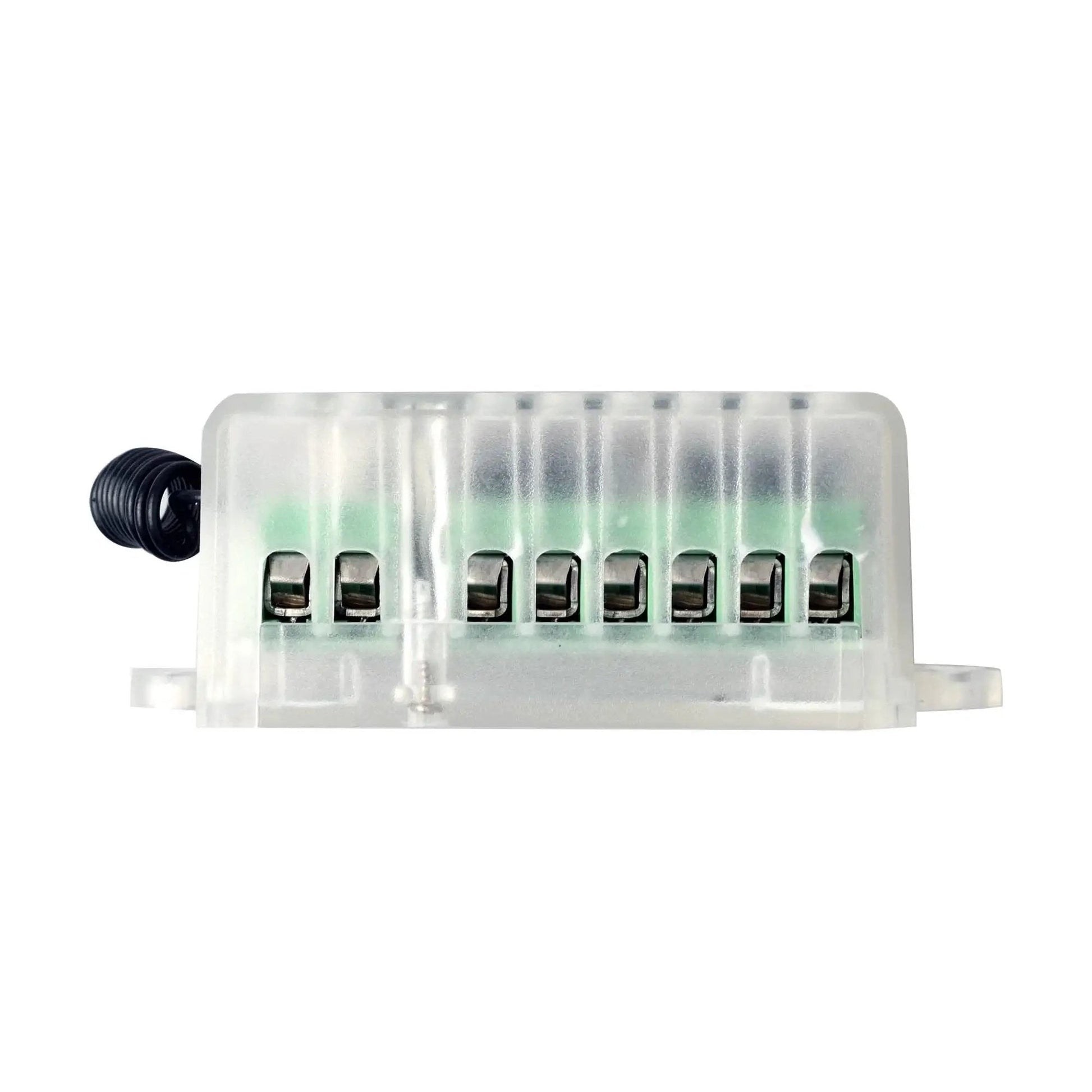Wireless RF Remote Control Switch For DC Motors 12V 24V 36V Latched Model with clear casing and visible connectors, front view.