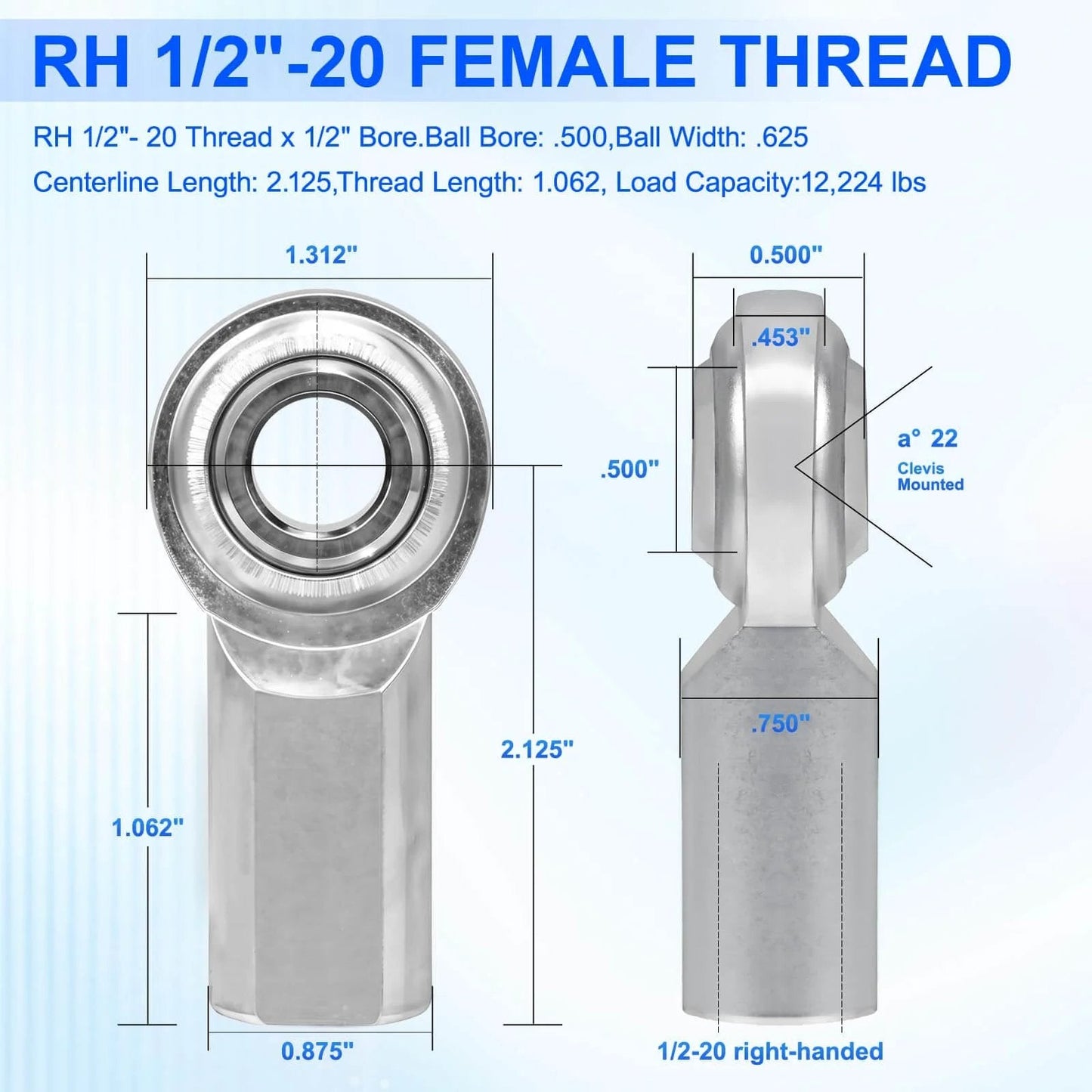 Diagram of economy adjustable heim joint rod end kit with right hand 1/2-20 thread and 1/2 inch bore, dimensions labeled.