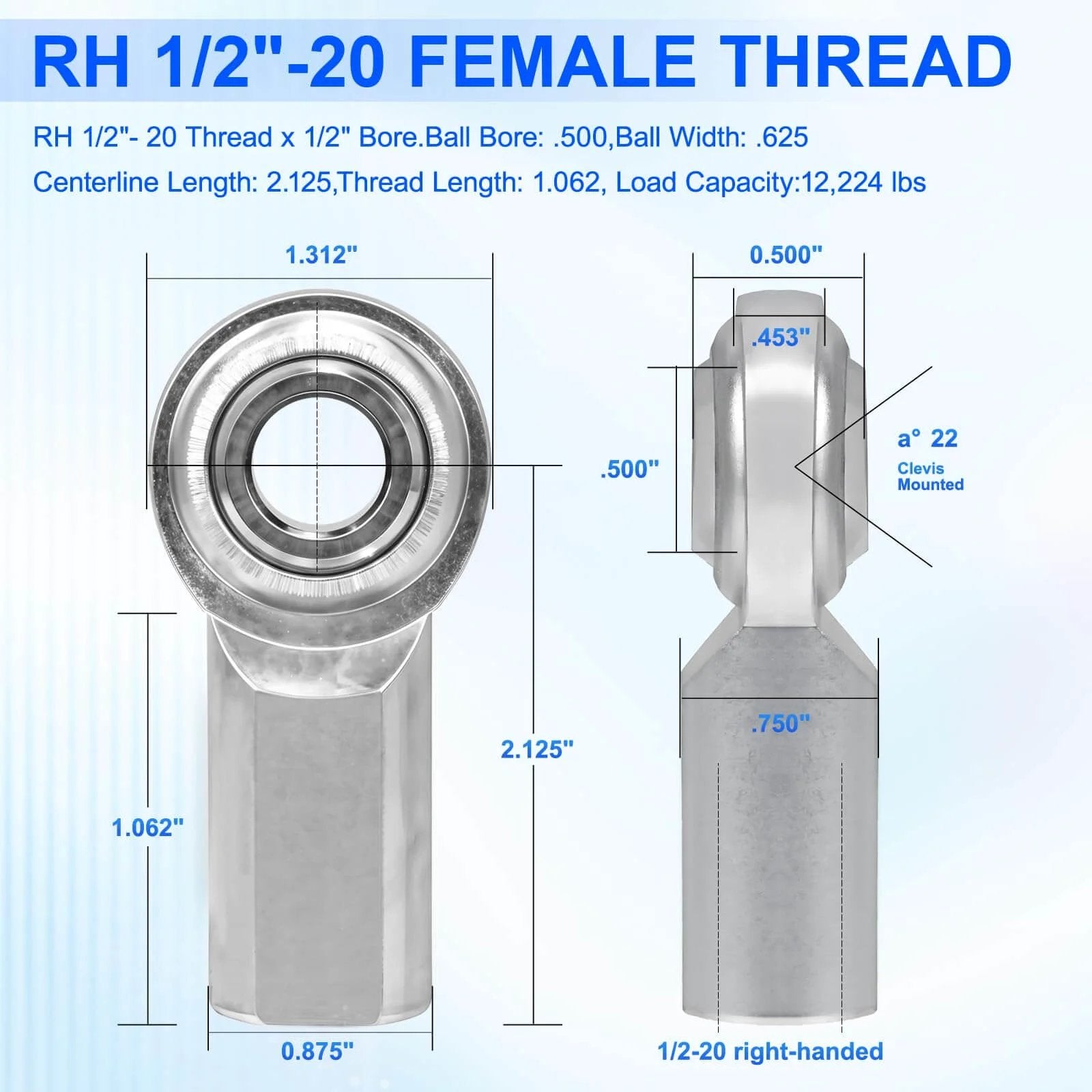 Diagram of economy adjustable heim joint rod end kit with right hand 1/2-20 thread and 1/2 inch bore, dimensions labeled.