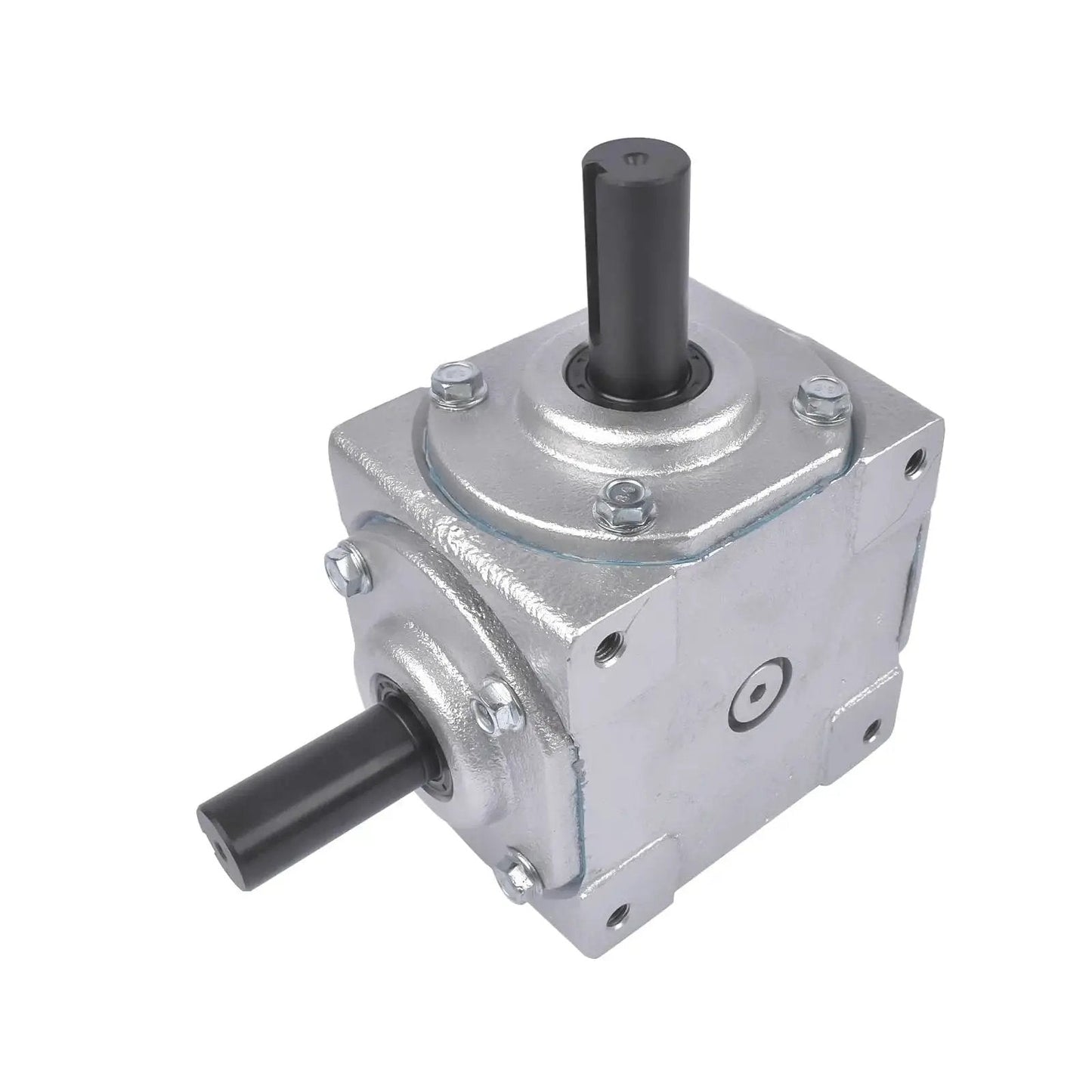 Beefy 40 HP Right Angle Bevel Gearbox With 2 Keyed Shafts 1 To 1 Cast Iron, shown from a top-side angle view with black shafts