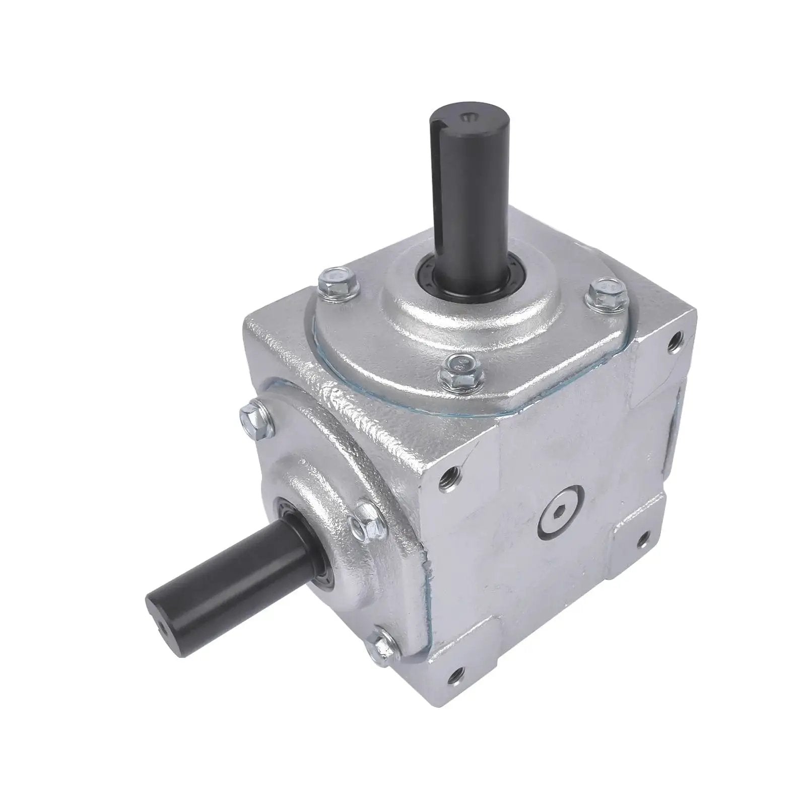 Beefy 40 HP Right Angle Bevel Gearbox With 2 Keyed Shafts 1 To 1 Cast Iron, shown from a top-side angle view with black shafts