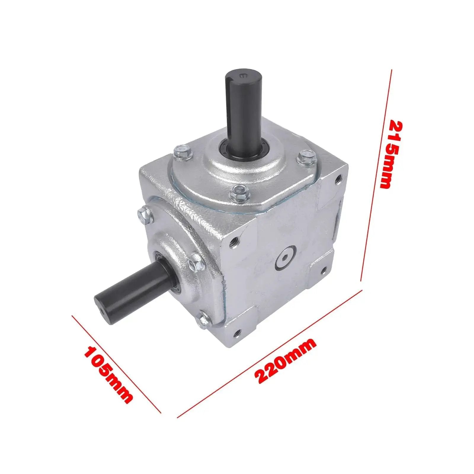 Front view of a Beefy 40 HP Right Angle Bevel Gearbox With 2 Keyed Shafts 1 To 1 Cast Iron, dimensions marked in millimeters.