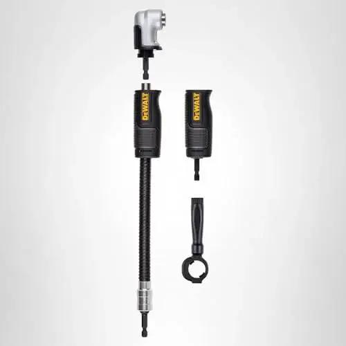 Right Angle Drill Attachment 4-In-1 System With 12-Inch Compact Straight Flexible Shaft 90 Degree Drill Adapter components displayed