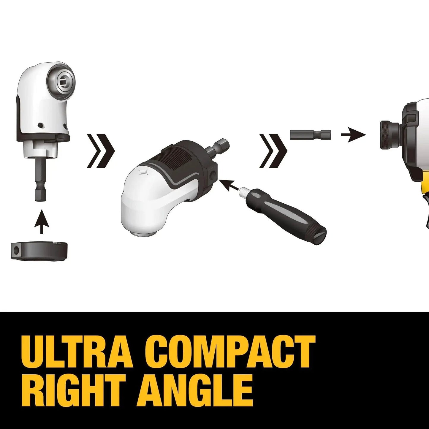 Right Angle Drill Attachment 4-In-1 System with 12-Inch Compact Flexible Shaft, modular right angle setup illustration.