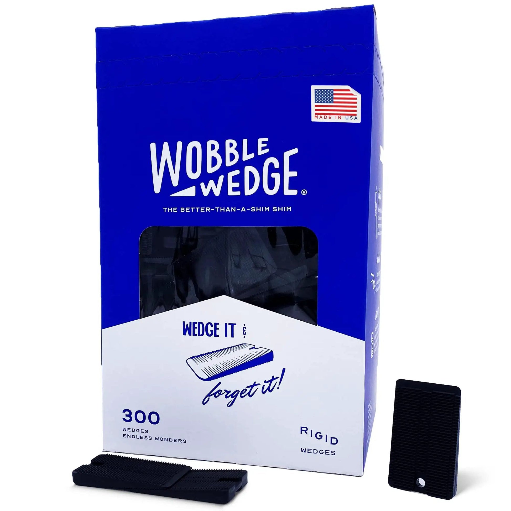Rigid Plastic Shims For Leveling 300 Pack Made In USA Black Wobble Wedges box with two black shims on display