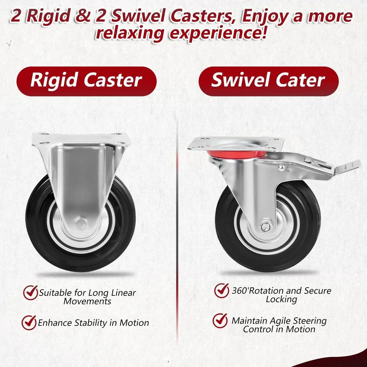 Comparison of rigid and swivel caster wheels from 5 Inch Heavy Duty Caster Wheels Set Of 4 With Brakes 360 Degree Swivel Non Marking Polyurethane Rubber Casters For Cart And Workbench Locking Castors For Easy Mobility And Shock Absorption Black