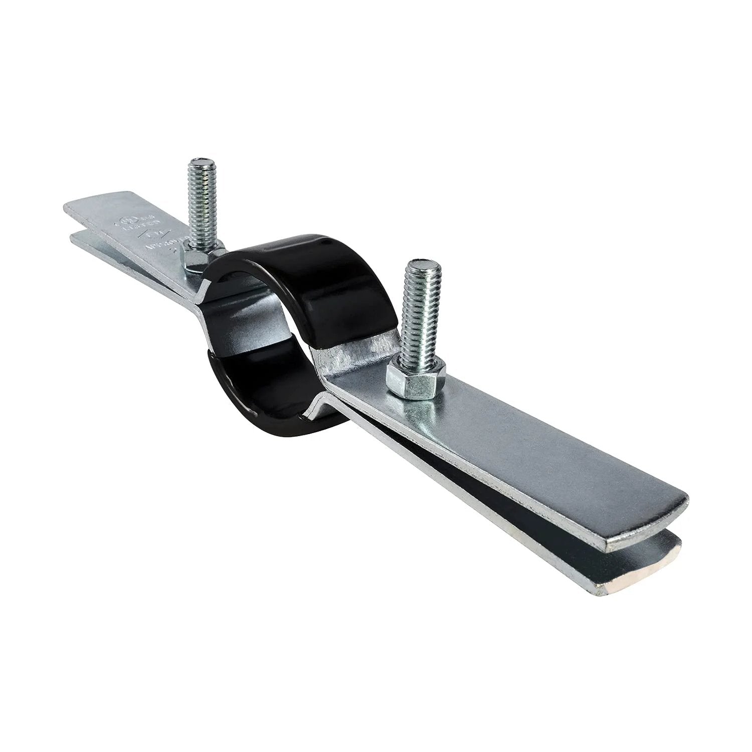 Riser Clamp Vertical Pipe Hanger For Copper Iron CPVC PEX Two Inch Plastic Coated Steel, side view of heavy-duty clamp