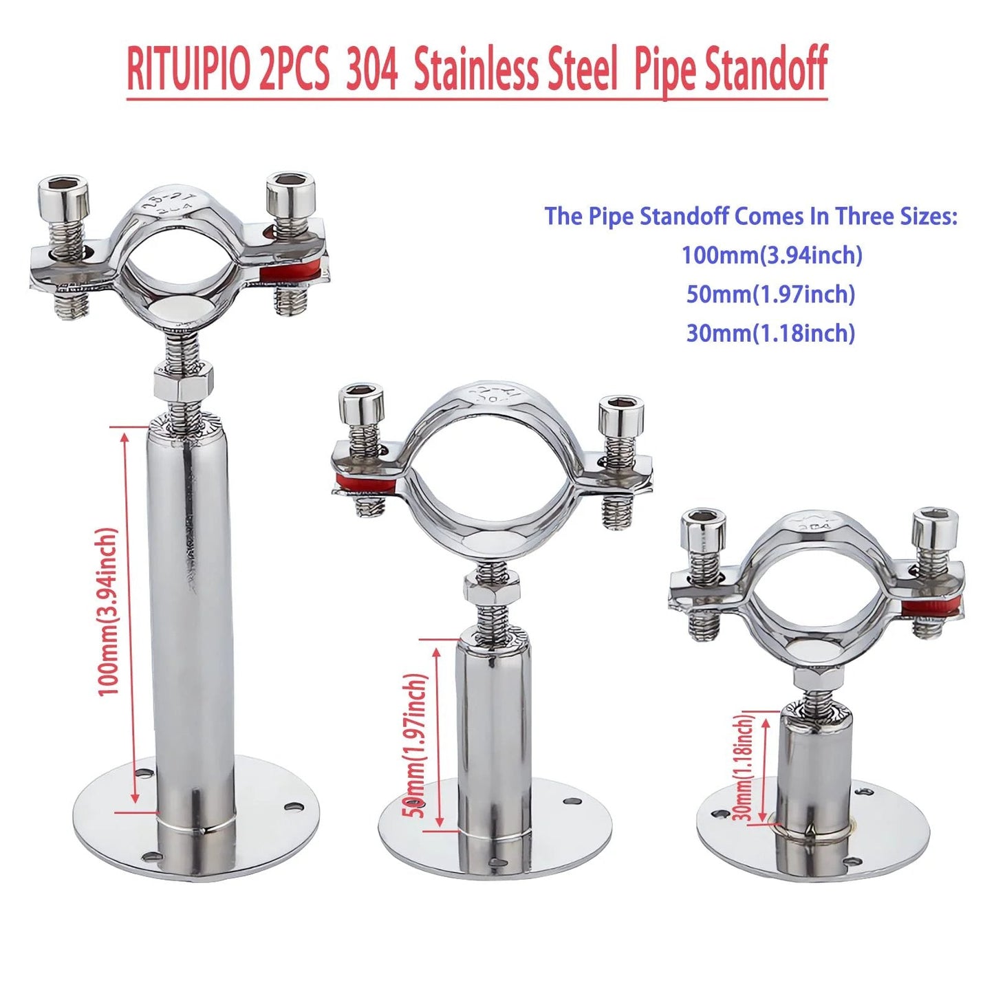 Heavy Duty Stainless Steel Wall And Ceiling Pipe Supports With Rubber Cushioned Clamps 304 Stainless Steel Construction Adjustable Height 30 To 60mm Fits OD Pipe 15 To 19mm Rustproof Waterproof Pipe Hangers For Indoor Outdoor Use 2 Pieces By RITUIPIO showing three sizes of pipe standoff.