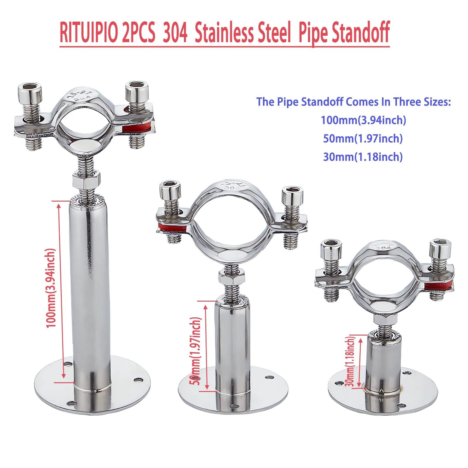 Heavy Duty Stainless Steel Wall And Ceiling Pipe Supports With Rubber Cushioned Clamps 304 Stainless Steel Construction Adjustable Height 30 To 60mm Fits OD Pipe 15 To 19mm Rustproof Waterproof Pipe Hangers For Indoor Outdoor Use 2 Pieces By RITUIPIO showing three sizes of pipe standoff.