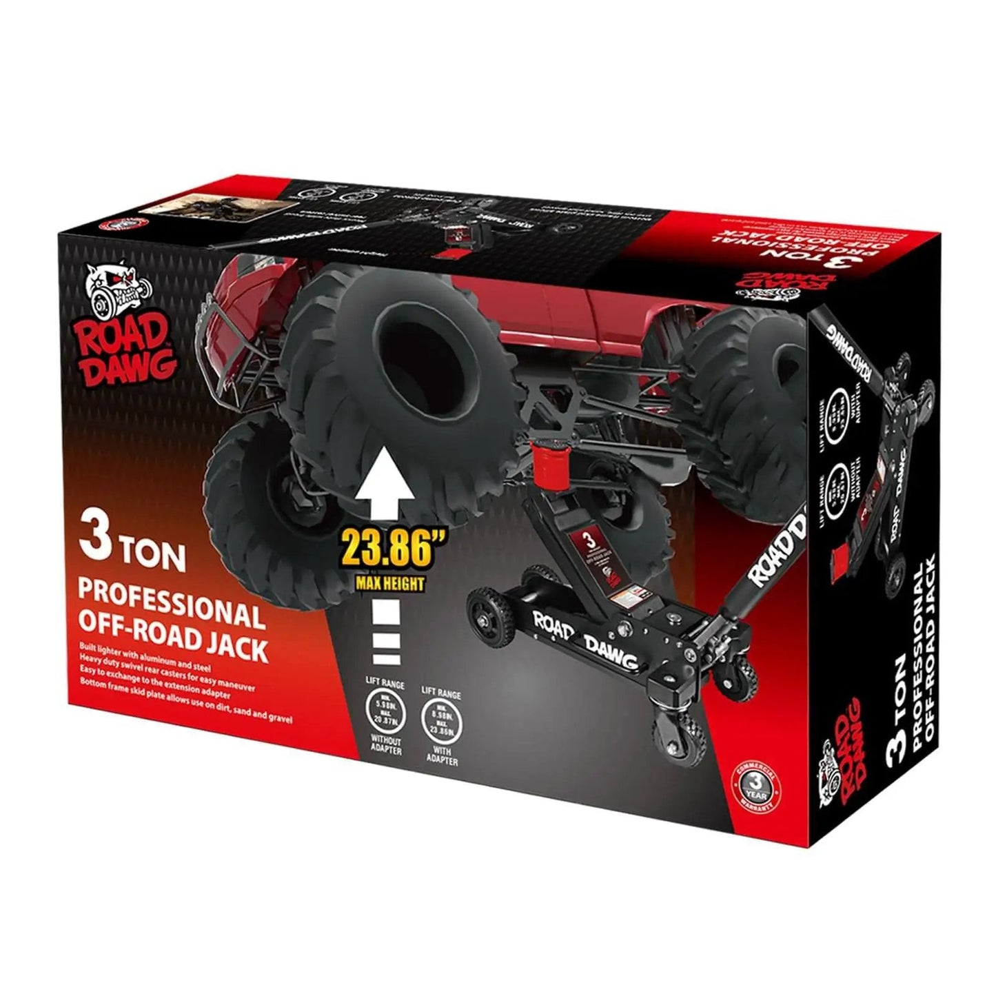 Road Dawg packaging showing Heavy Duty Off Road Floor Jack With 3 Ton Capacity And Big Wheel Design For Muddy Terrains