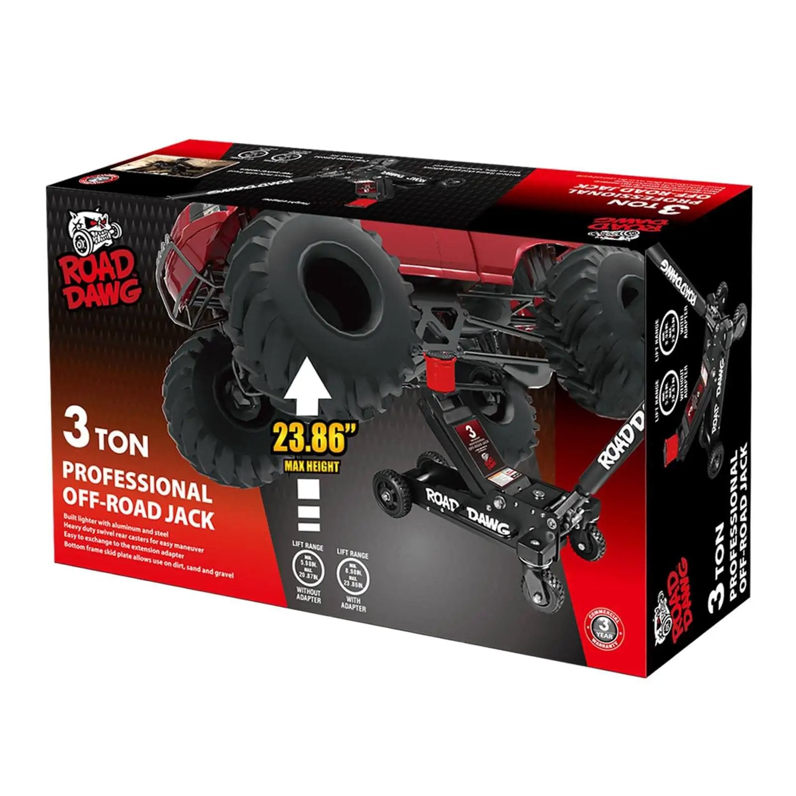 Road Dawg packaging showing Heavy Duty Off Road Floor Jack With 3 Ton Capacity And Big Wheel Design For Muddy Terrains