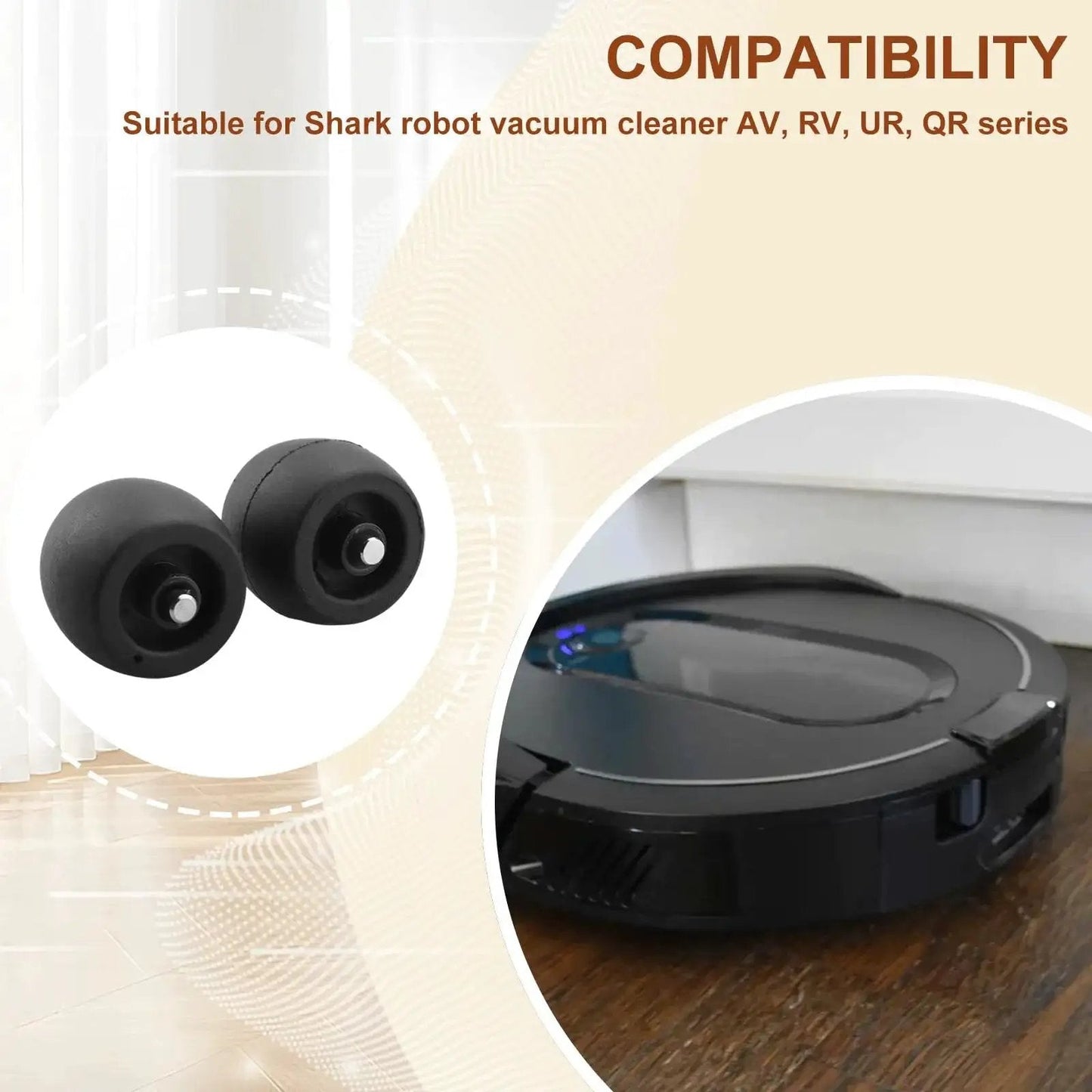Replacement Front Caster Wheel 2 Pack For Robot Vacuum Models R101AE RV1001AE UR1100SRUS AV1002AE AV1010AE RV100AE shown with vacuum