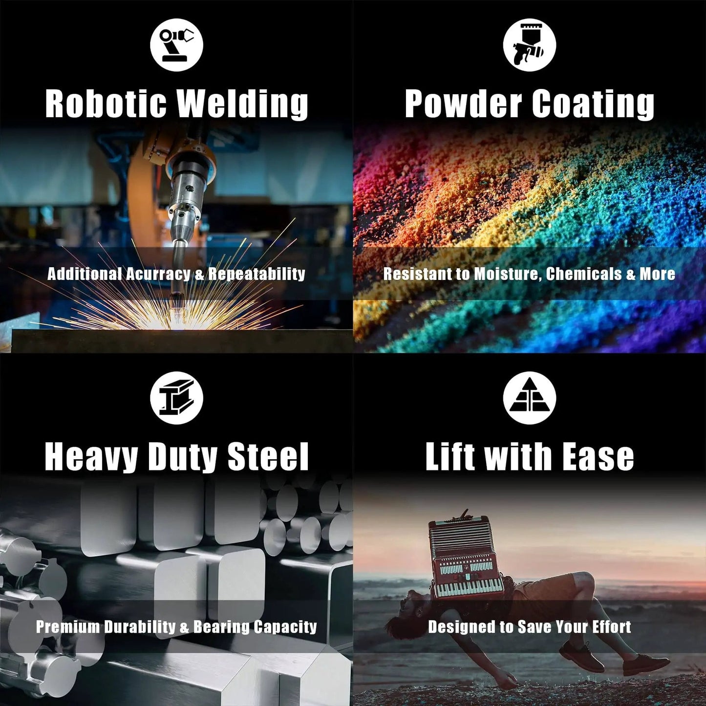 Infographic showing robotic welding, powder coating, heavy-duty steel, and a lift with ease illustration emphasizing strength and durability.