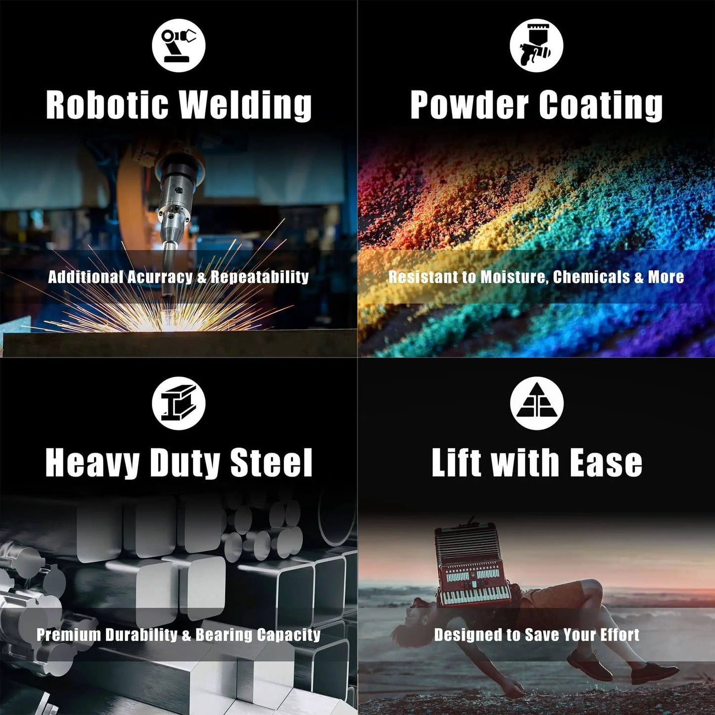 Collage of robotic welding, powder coating, heavy duty steel, and ease of lifting features for industrial products.