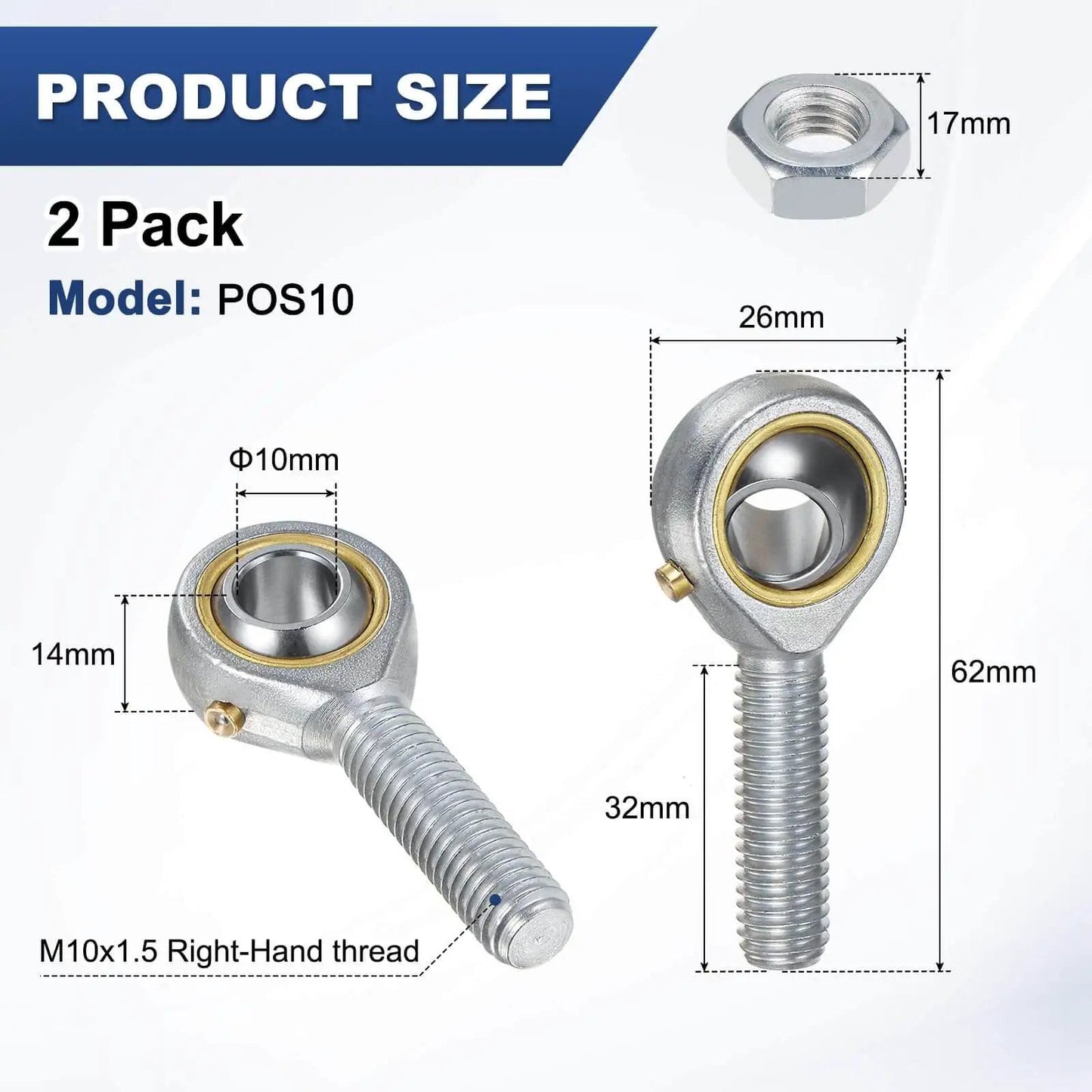 2 Pack POS10 Rod End Bearing M10x1.5 Right Hand Thread Self Lubricating Steel Joint With Jam Nuts size diagram